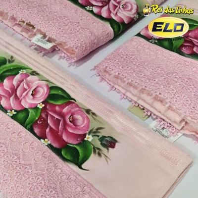 JOGO TOALHA PINTADA 3 PCS- GUIPURE( SITE)-ROSA CLARO